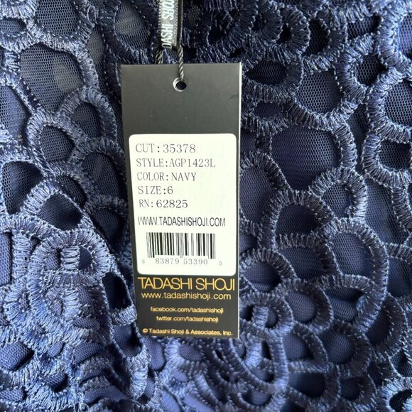 NWT Tadashi Shoji Formal Gown Size 6 Navy Blue Long Sleeve Floral Lace Bodice - Picture 15 of 16